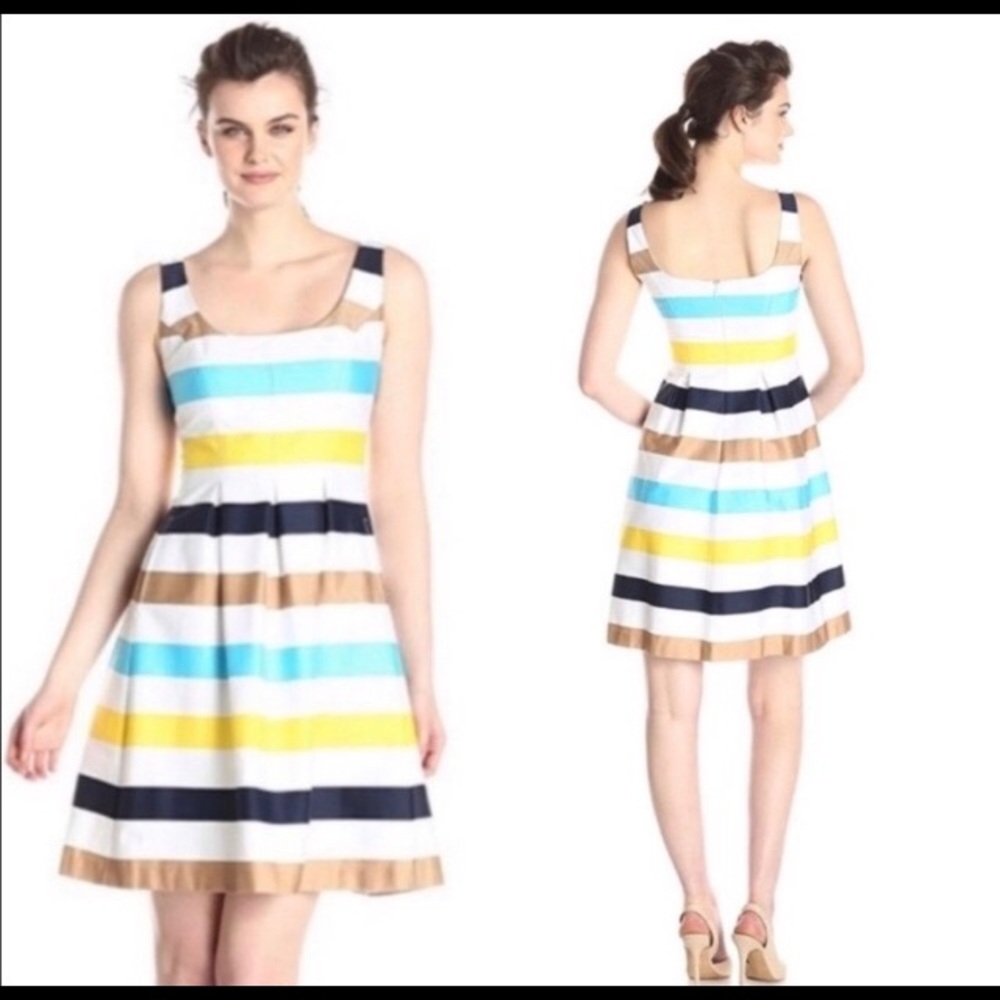 Nine West White Blue Striped Fit Flare Dress Sleeveless Scoop Neck 10